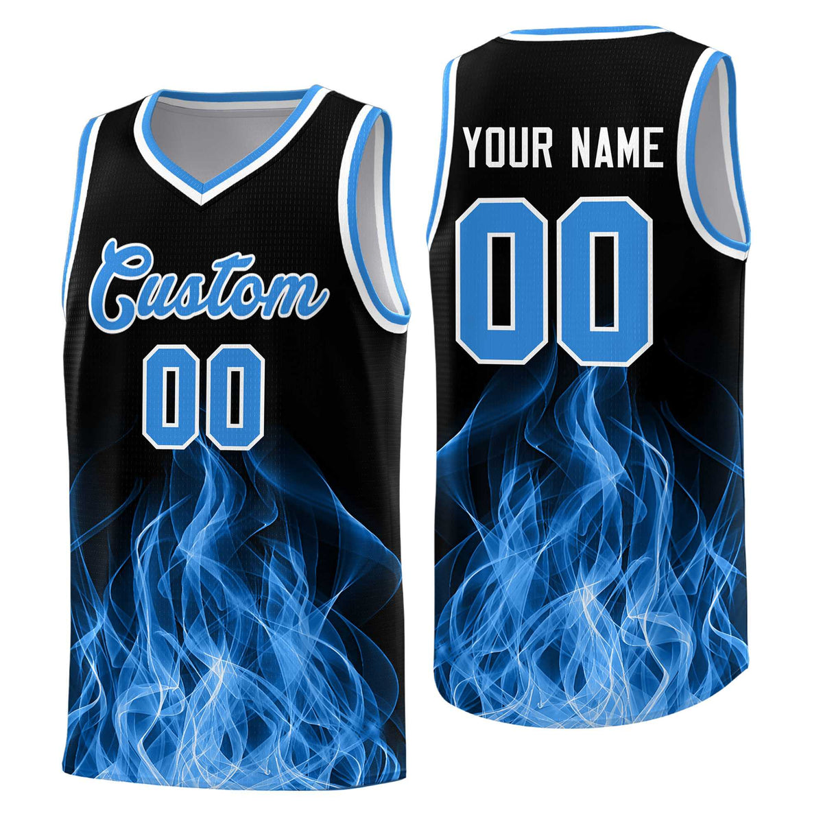 Custom Youth Basketball Jersey Black Light Blue Flame Design Unique Team Uniform Set