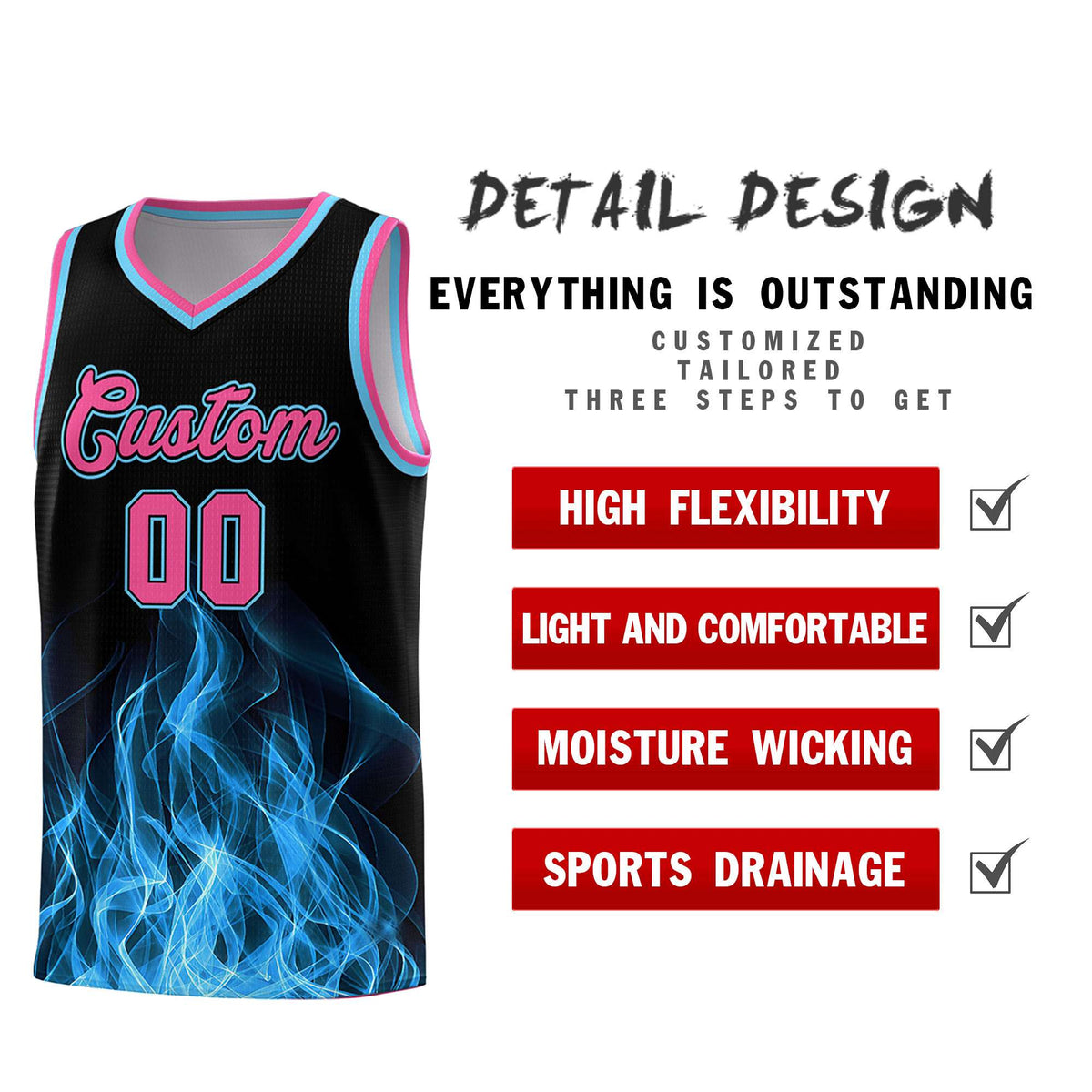 Custom Youth Basketball Jersey Black Pink Flame Design Personalized Team Uniform Set