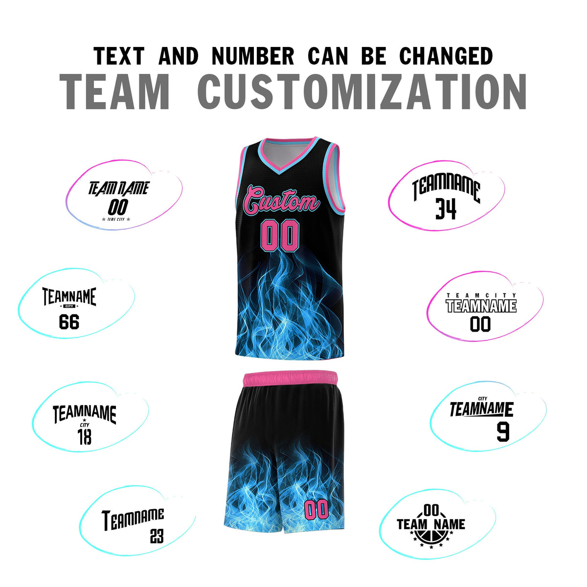 Custom Youth Basketball Jersey Black Pink Flame Design Personalized Team Uniform Set