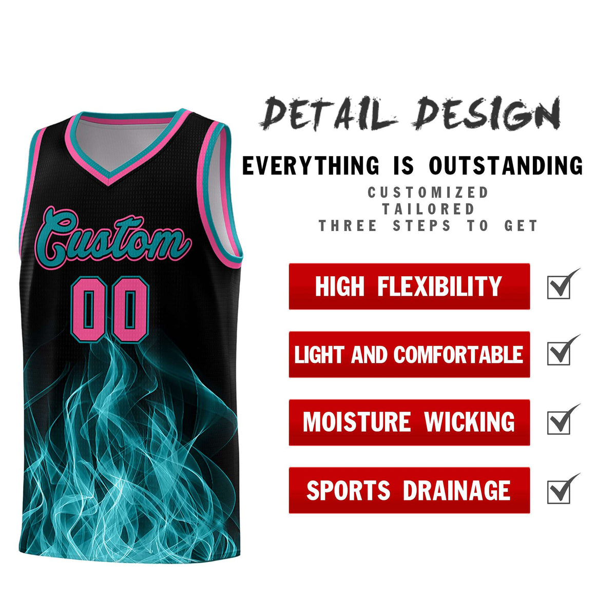 Custom Youth Basketball Jersey Black Teal Flame Fire Design Personalized Team Uniform Set