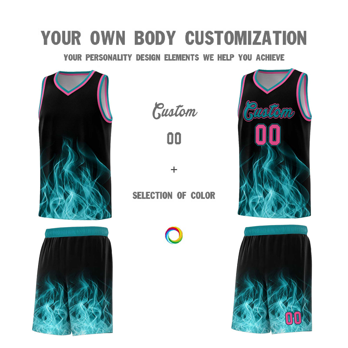 Custom Youth Basketball Jersey Black Teal Flame Fire Design Personalized Team Uniform Set