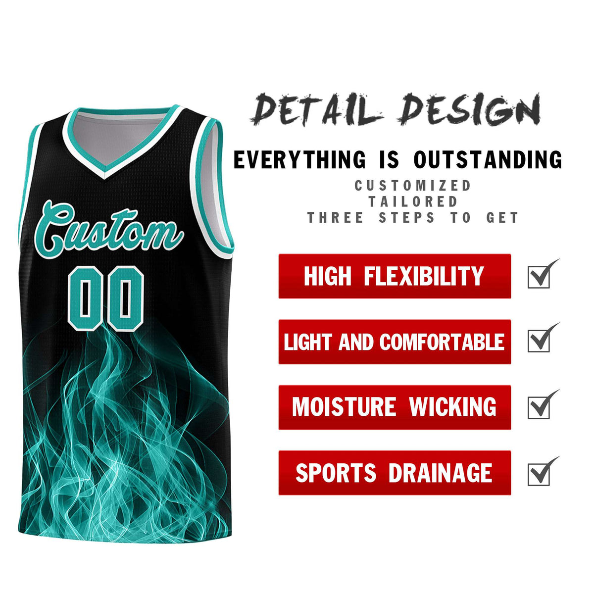 Custom Youth Basketball Jersey Black Aqua Flame Design Unique Team Uniform Set
