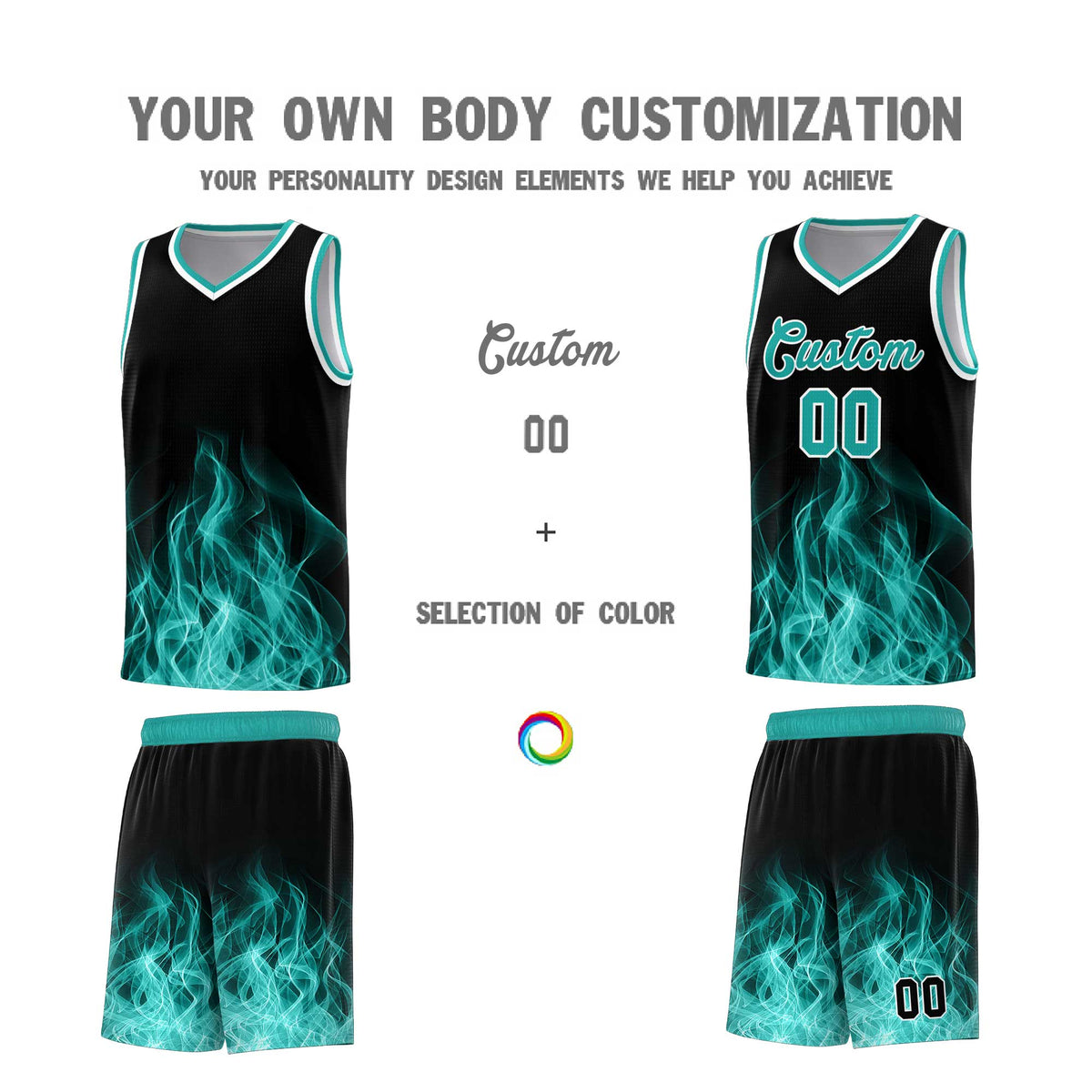 Custom Youth Basketball Jersey Black Aqua Flame Design Unique Team Uniform Set