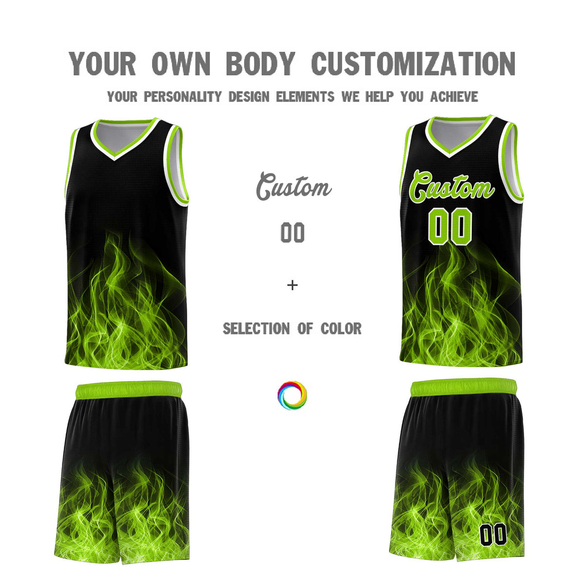 Custom Youth Basketball Jersey Black Neon Green Flame Design Personalized Team Uniform Set