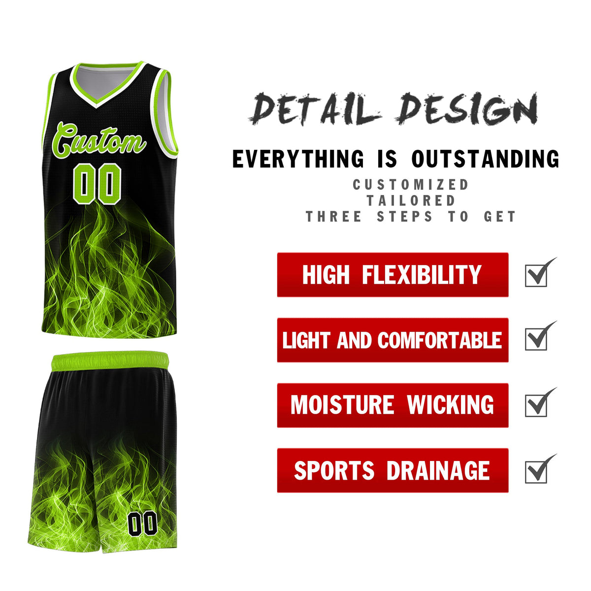 Custom Youth Basketball Jersey Black Neon Green Flame Design Personalized Team Uniform Set