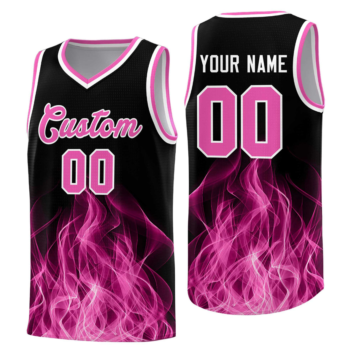 Custom Youth Basketball Jersey Black Pink Flame Fire Design Personalized Team Uniform Set