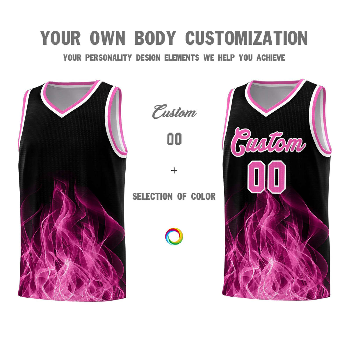 Custom Youth Basketball Jersey Black Pink Flame Fire Design Personalized Team Uniform Set