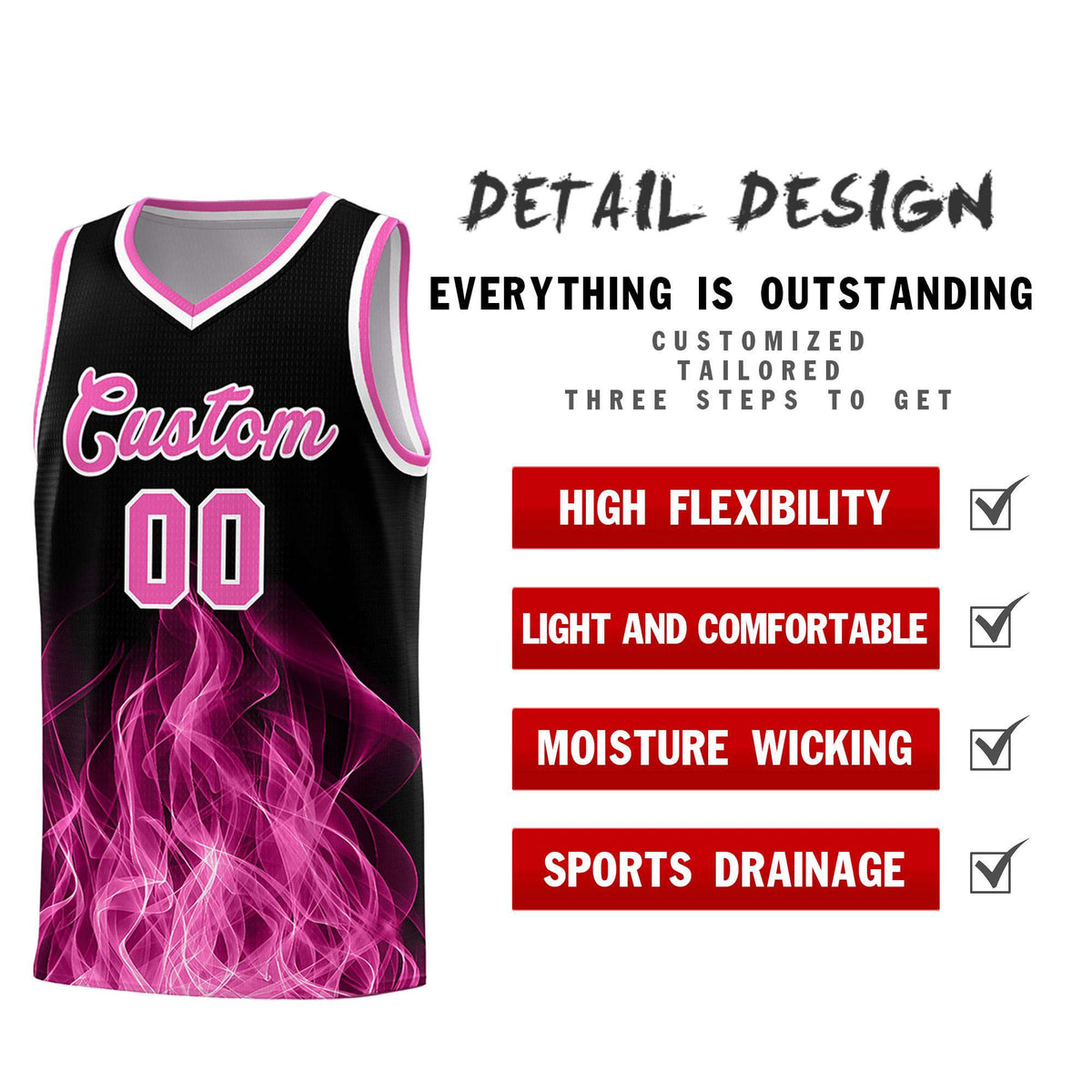 Custom Youth Basketball Jersey Black Pink Flame Fire Design Personalized Team Uniform Set