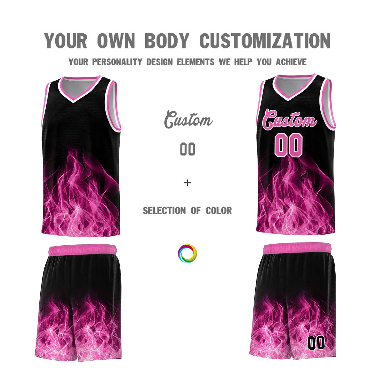 Custom Youth Basketball Jersey Black Pink Flame Fire Design Personalized Team Uniform Set