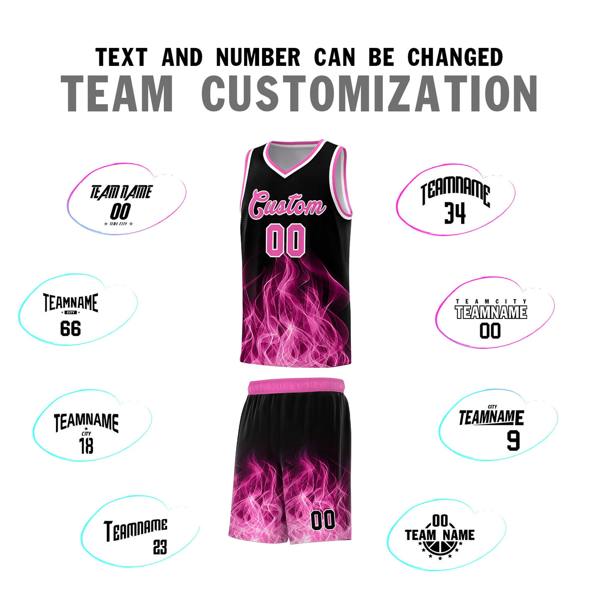 Custom Youth Basketball Jersey Black Pink Flame Fire Design Personalized Team Uniform Set