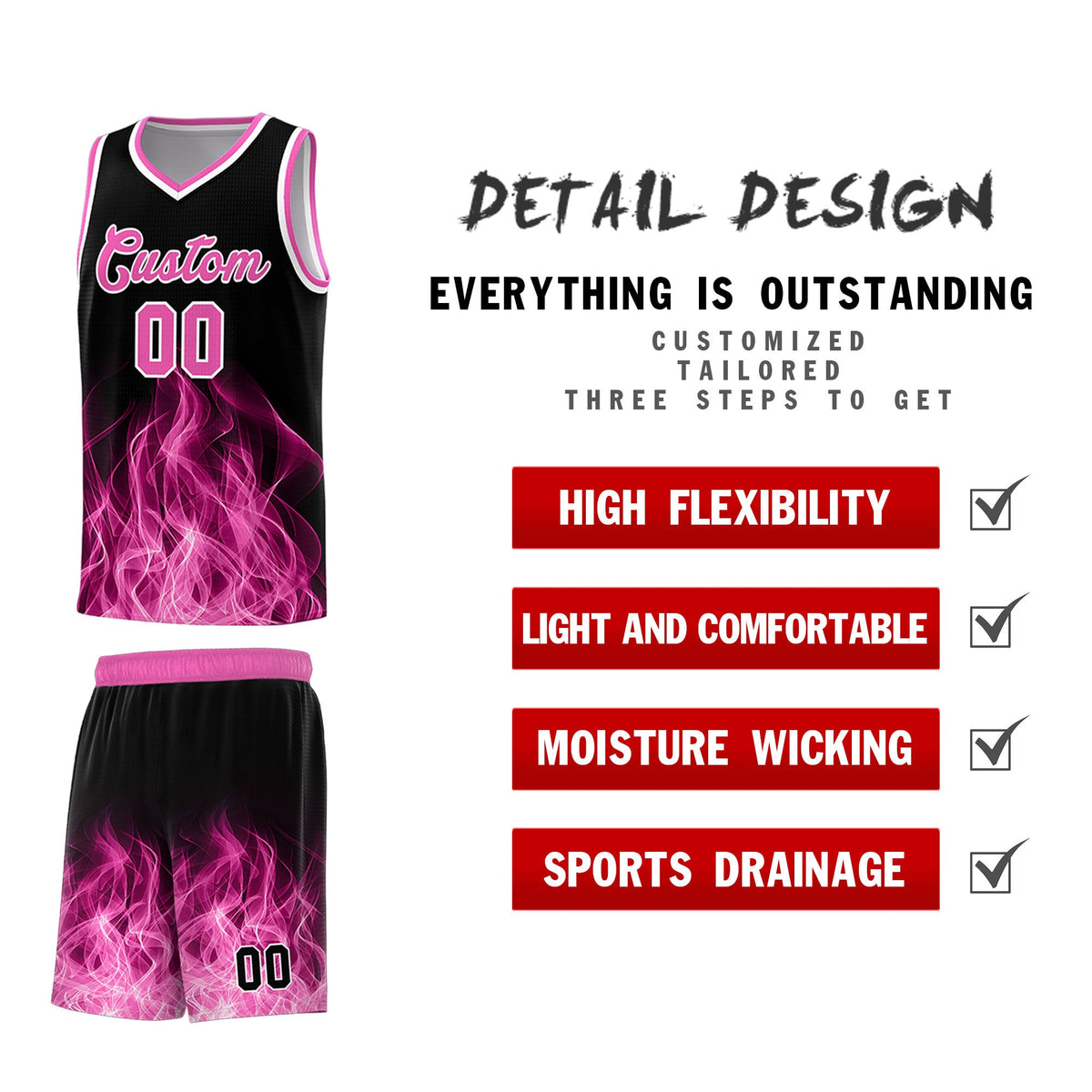 Custom Youth Basketball Jersey Black Pink Flame Fire Design Personalized Team Uniform Set
