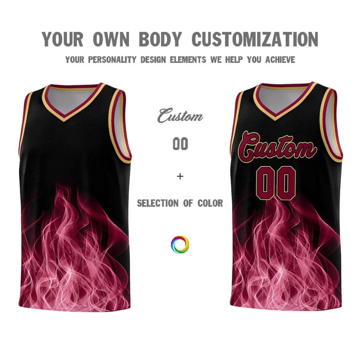 Custom Youth Basketball Jersey Black Crimson Flame Design Unique Team Uniform Set