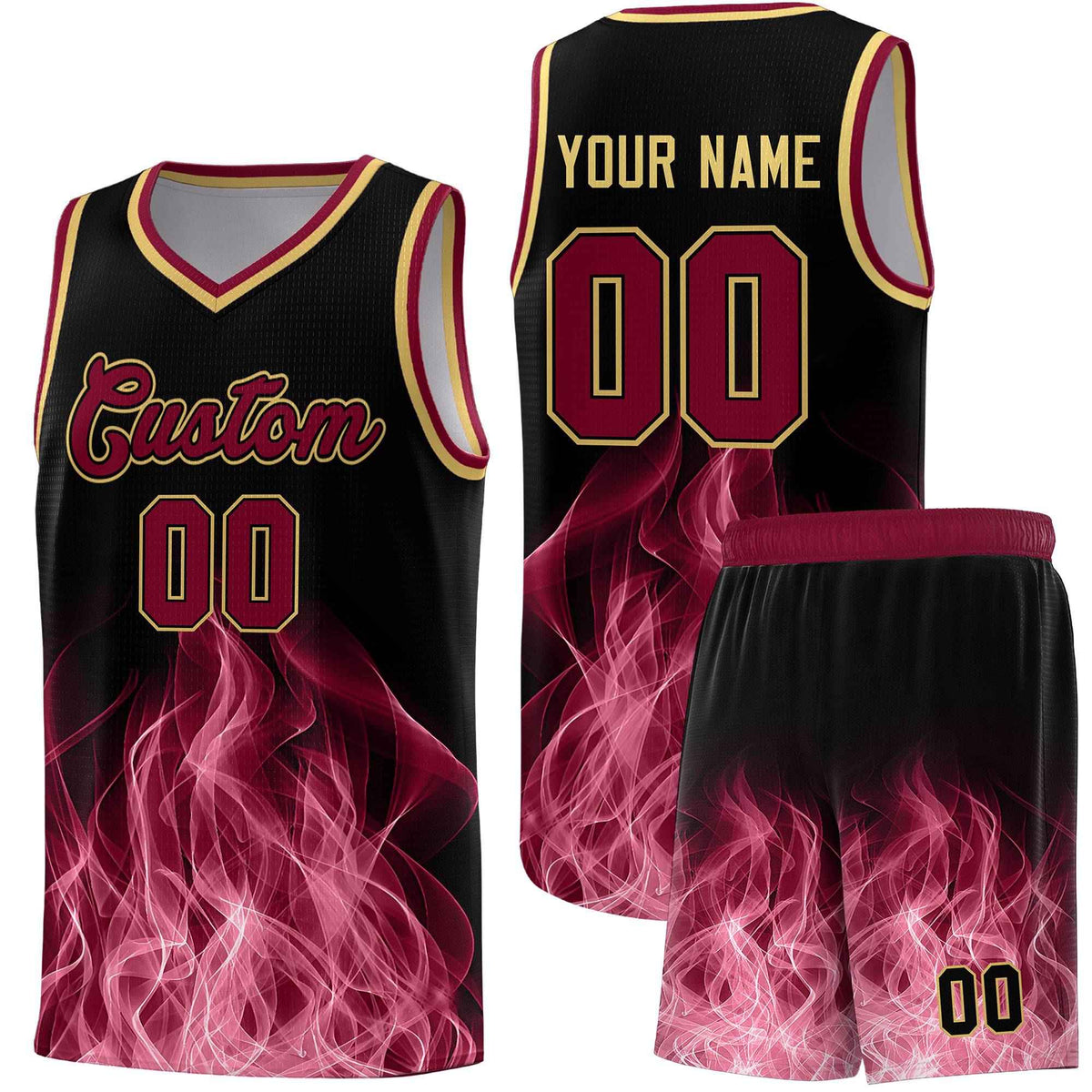 Custom Youth Basketball Jersey Black Crimson Flame Design Unique Team Uniform Set