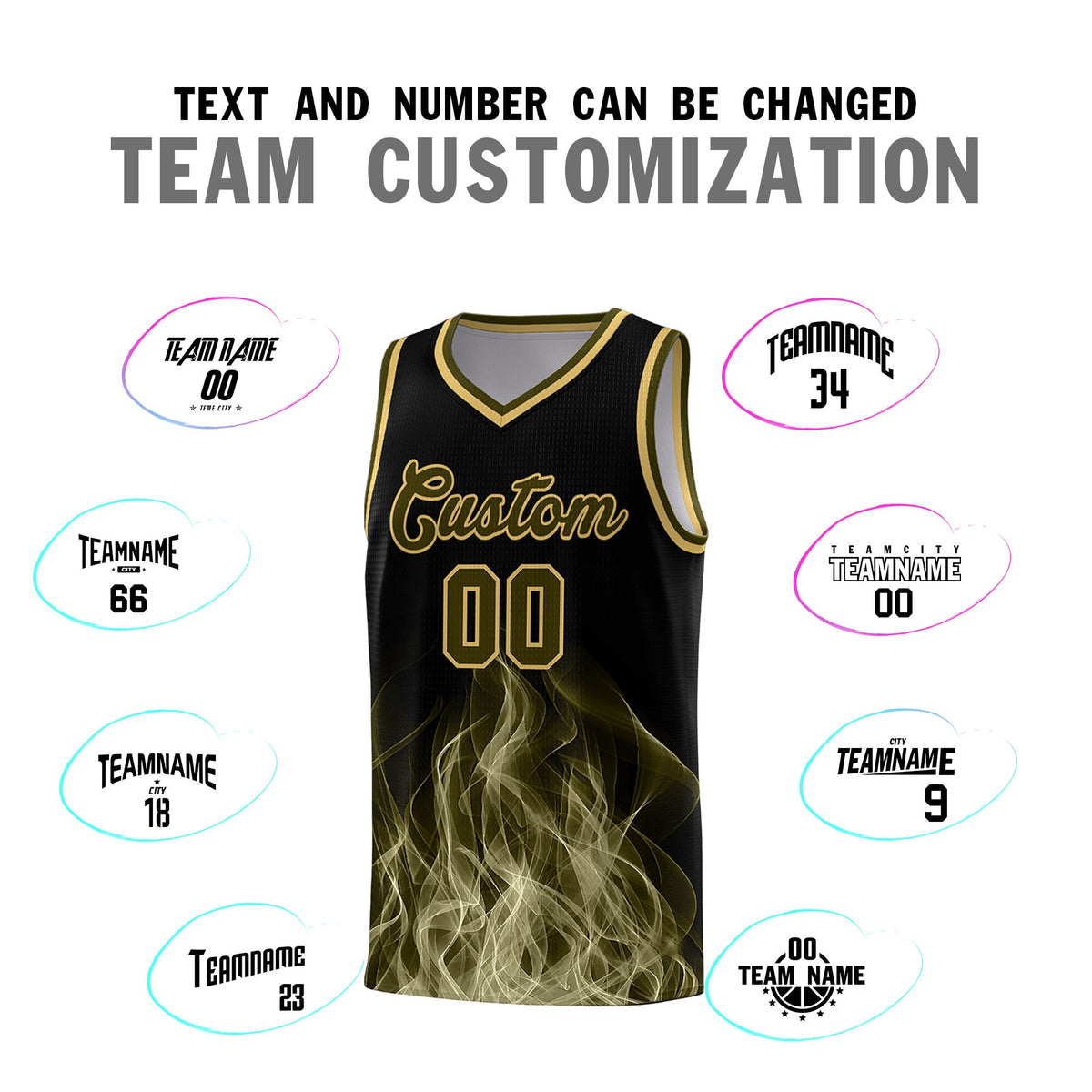 Custom Youth Basketball Jersey Black Khaki Flame Design Personalized Team Uniform Set
