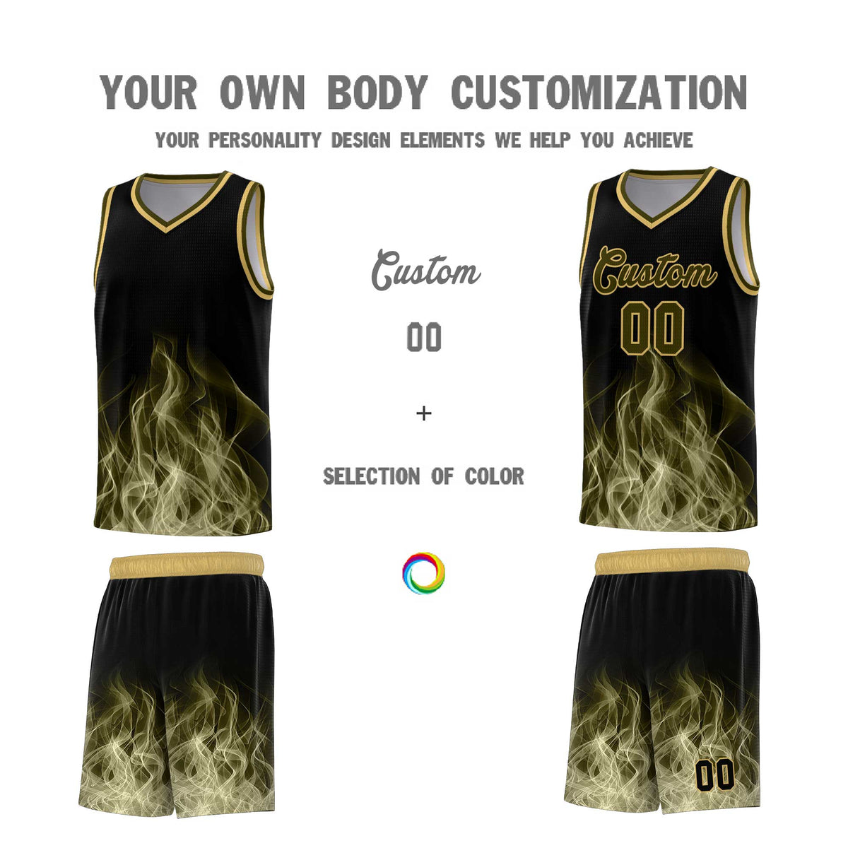 Custom Youth Basketball Jersey Black Khaki Flame Design Personalized Team Uniform Set