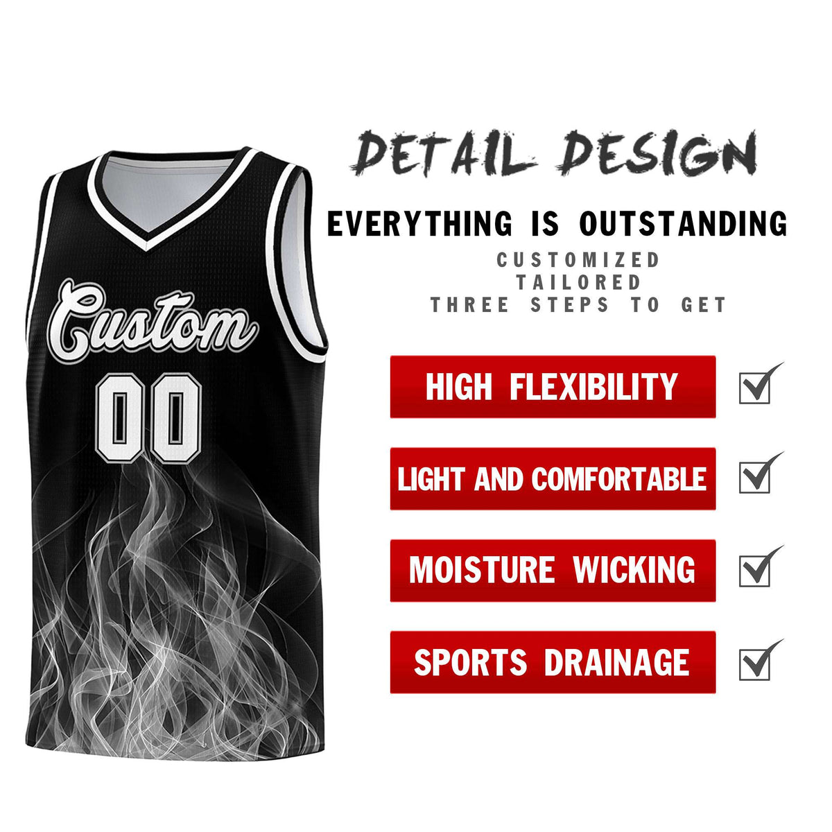 Custom Youth Basketball Jersey Black Gray Flame Fire Design Personalized Team Uniform Set