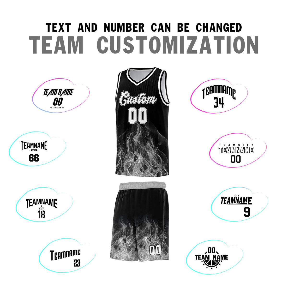 Custom Youth Basketball Jersey Black Gray Flame Fire Design Personalized Team Uniform Set