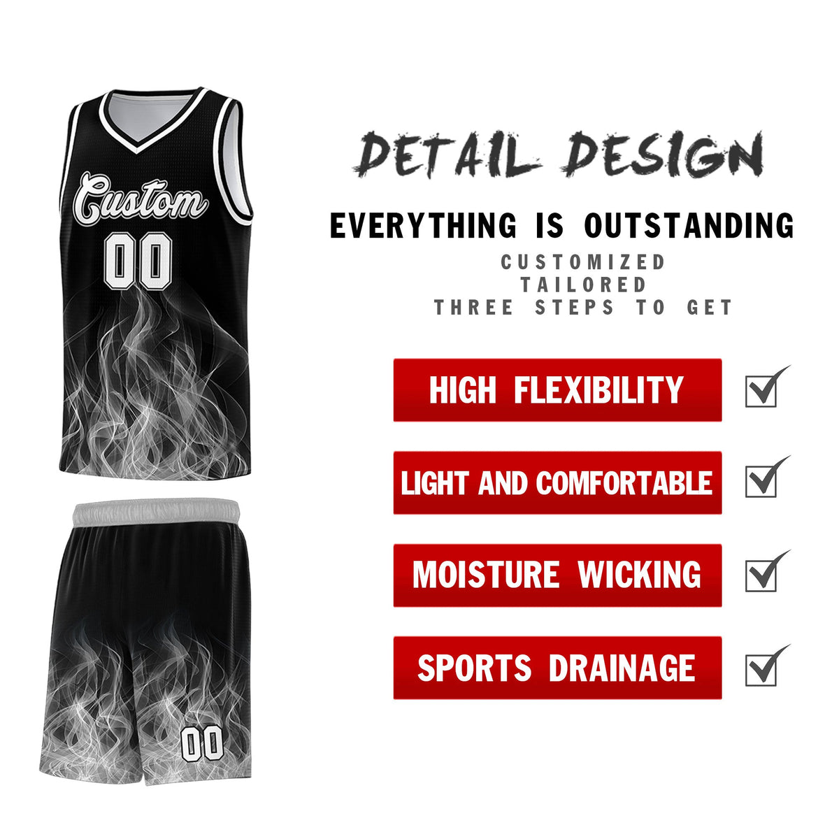 Custom Youth Basketball Jersey Black Gray Flame Fire Design Personalized Team Uniform Set