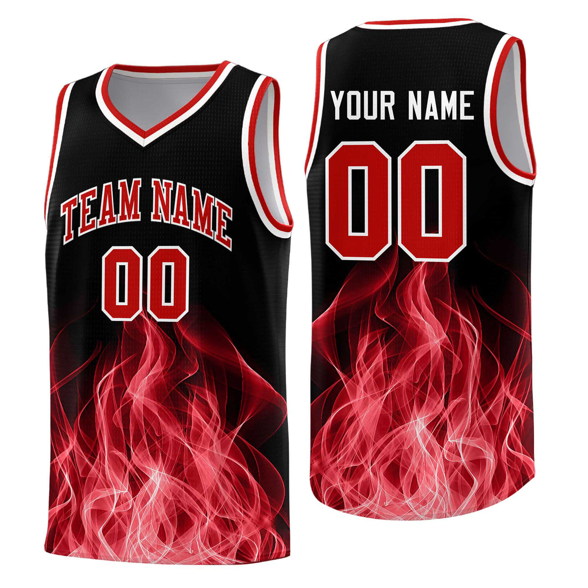 Custom Youth Basketball Jersey Black Red Flame Fire Design Personalized Team Uniform Set