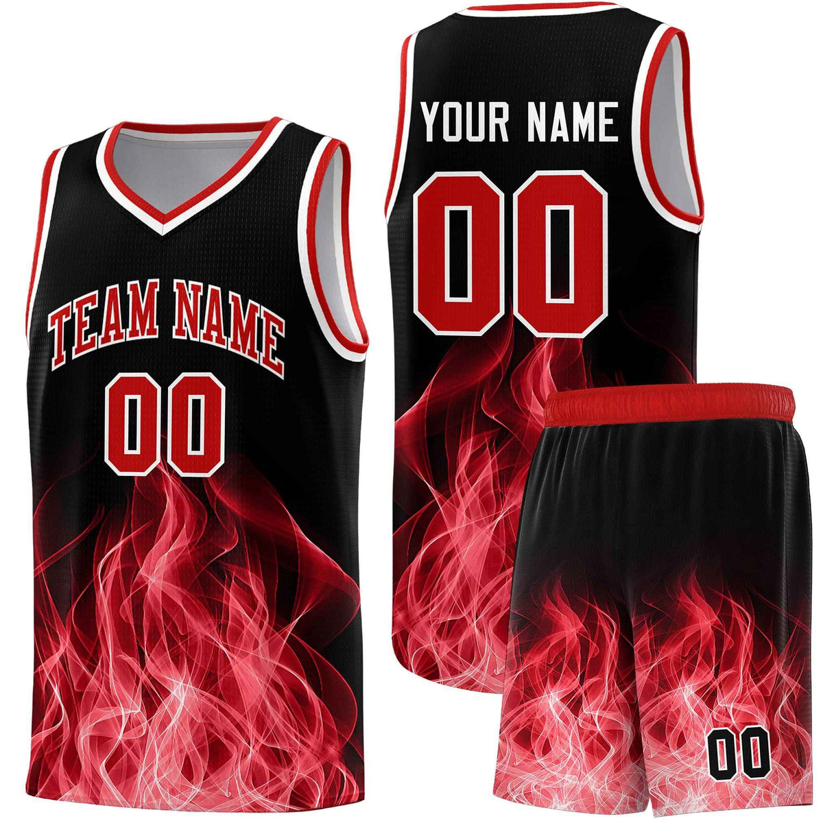 Custom Youth Basketball Jersey Black Red Flame Fire Design Personalized Team Uniform Set