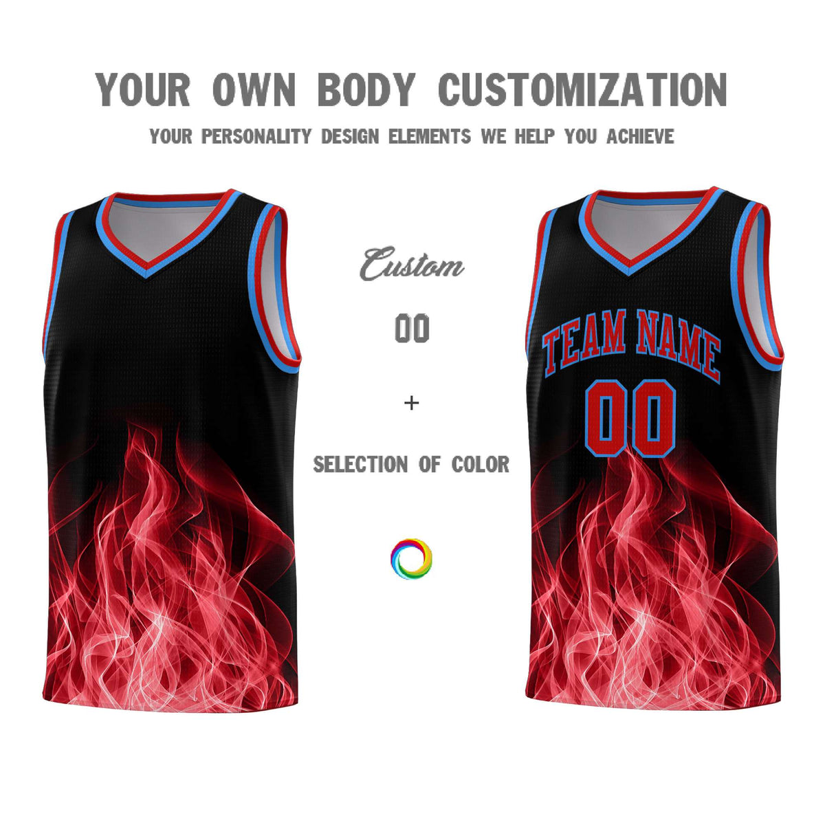 Custom Youth Basketball Jersey Black Red Flame Design Unique Team Uniform Set