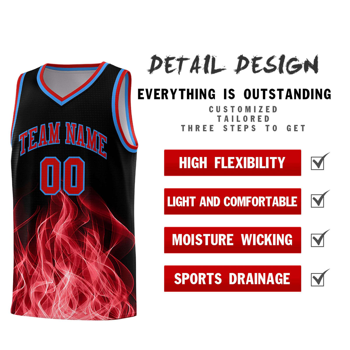 Custom Youth Basketball Jersey Black Red Flame Design Unique Team Uniform Set