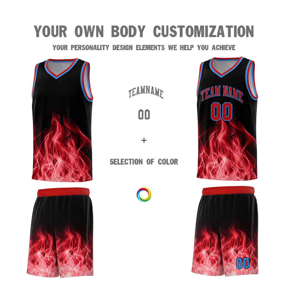 Custom Youth Basketball Jersey Black Red Flame Design Unique Team Uniform Set