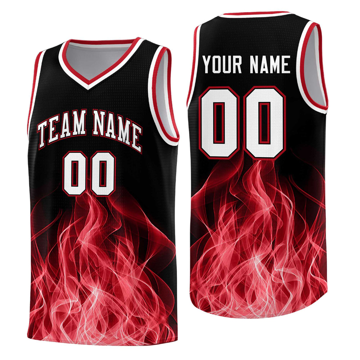 Custom Youth Basketball Jersey Black Red Flame Design Personalized Team Uniform Set