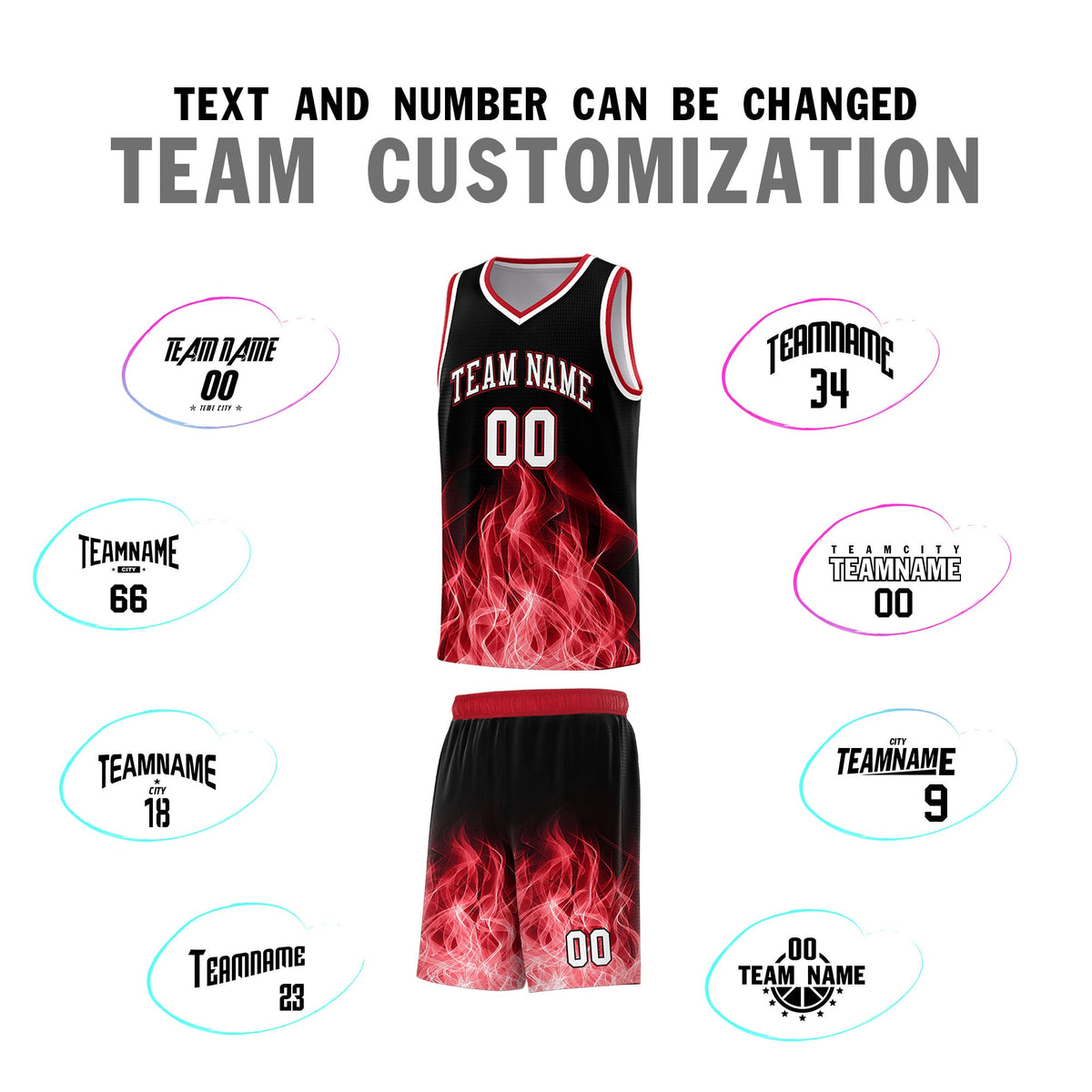 Custom Youth Basketball Jersey Black Red Flame Design Personalized Team Uniform Set