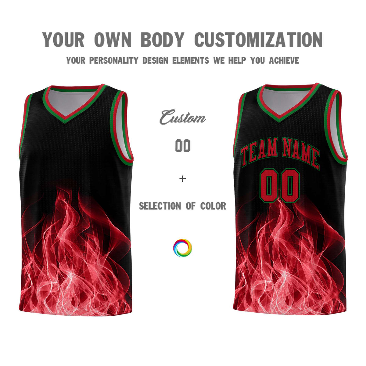 Custom Youth Basketball Jersey Black Red Flame Fire Design Personalized Team Uniform Set