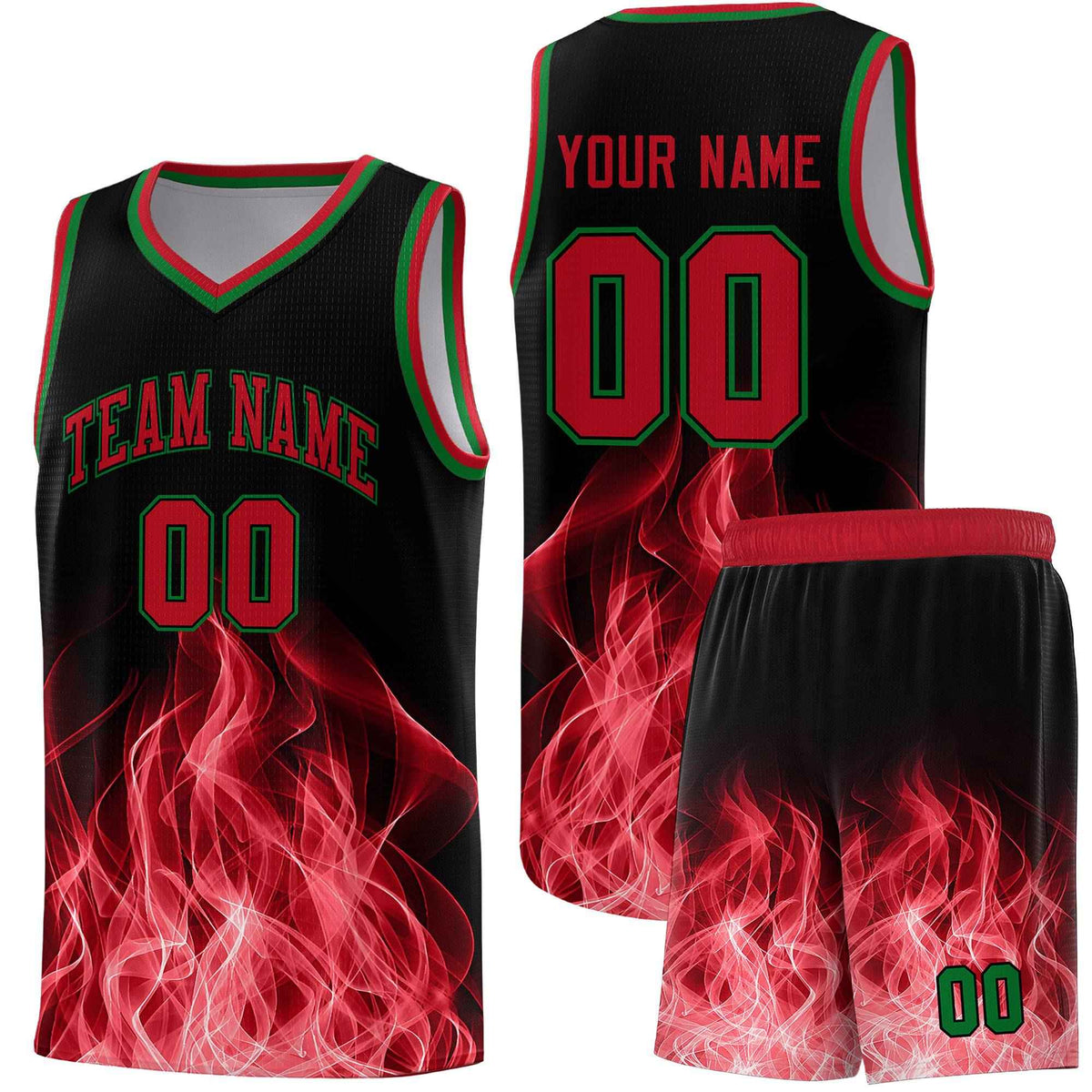 Custom Youth Basketball Jersey Black Red Flame Fire Design Personalized Team Uniform Set