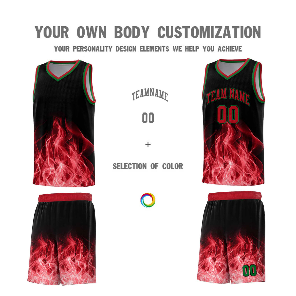 Custom Youth Basketball Jersey Black Red Flame Fire Design Personalized Team Uniform Set