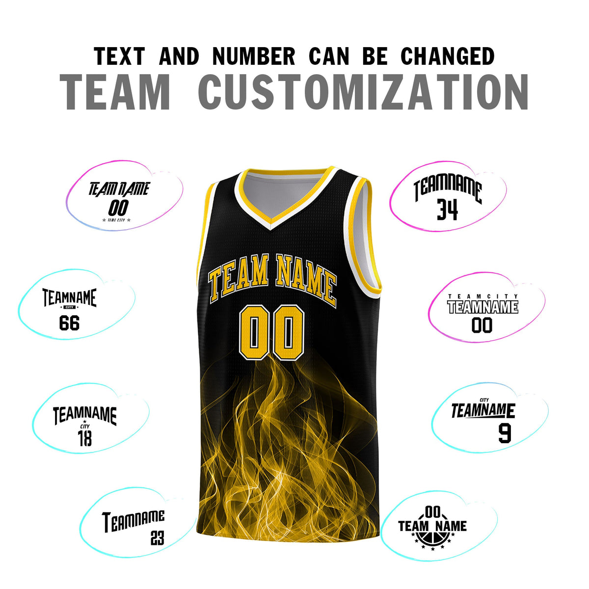 Custom Youth Basketball Jersey Black Yellow Flame Fire Design Personalized Team Uniform Set