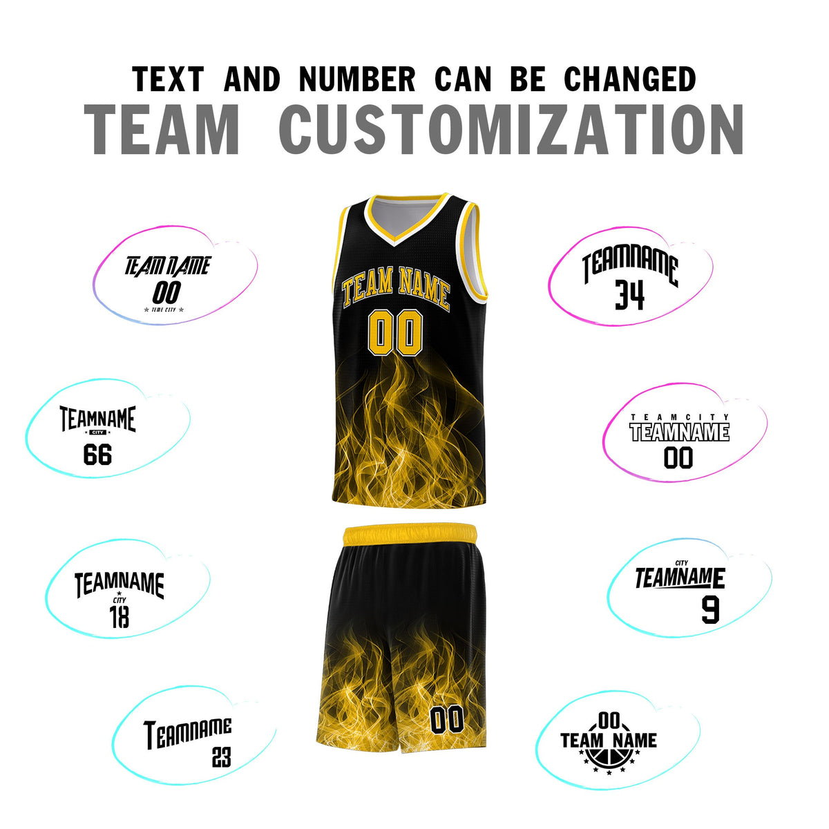 Custom Youth Basketball Jersey Black Yellow Flame Fire Design Personalized Team Uniform Set