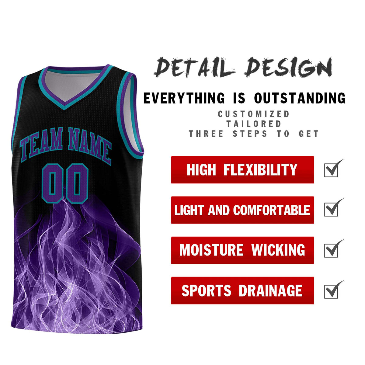 Custom Youth Basketball Jersey Black Teal Flame Design Unique Team Uniform Set