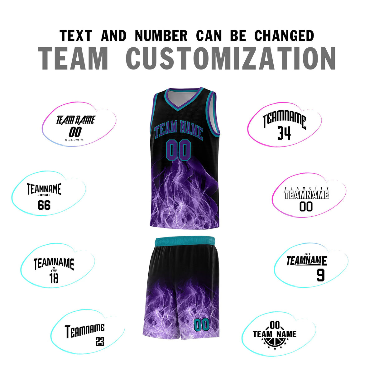 Custom Youth Basketball Jersey Black Teal Flame Design Unique Team Uniform Set