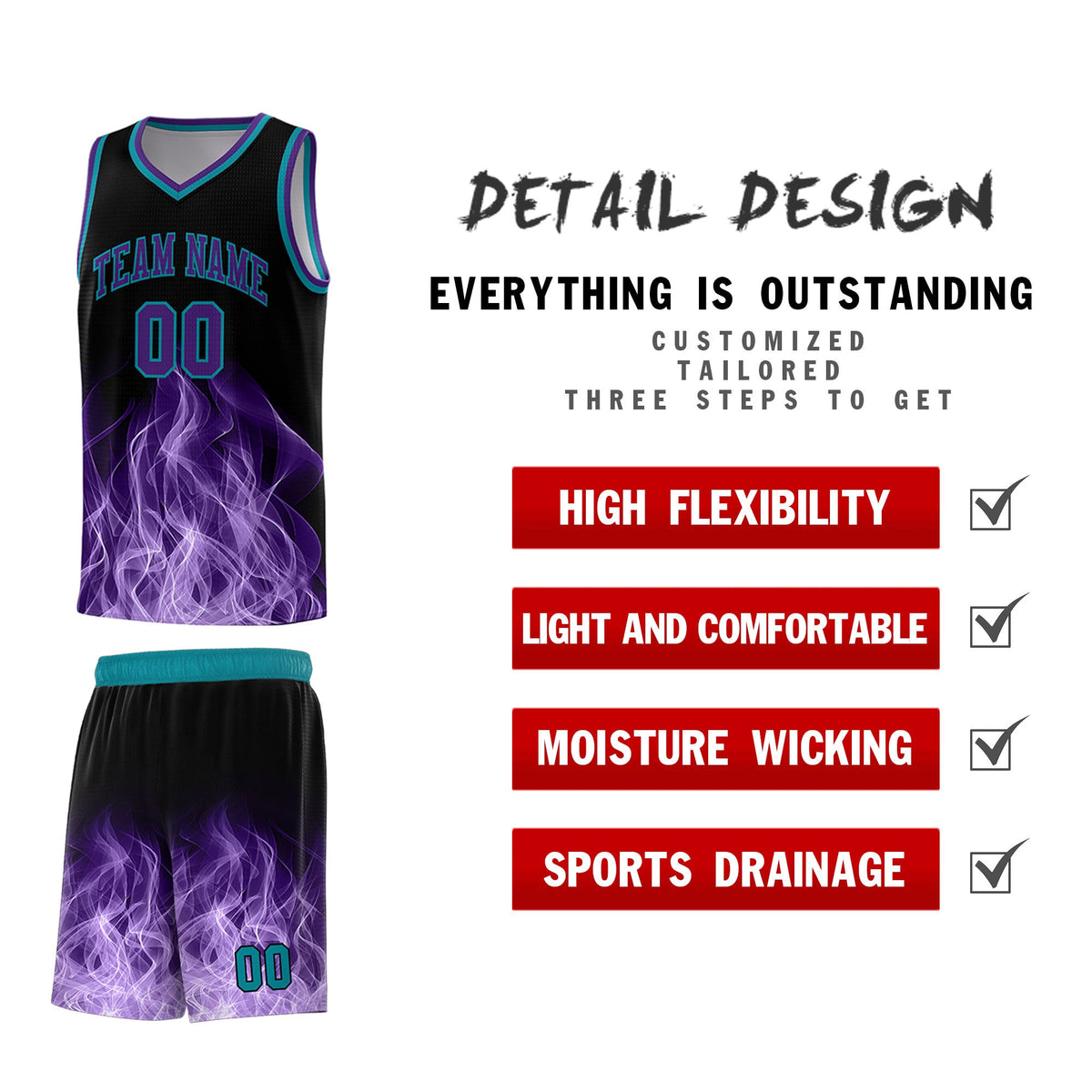 Custom Youth Basketball Jersey Black Teal Flame Design Unique Team Uniform Set