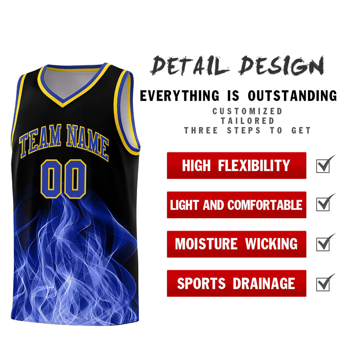 Custom Youth Basketball Jersey Black Gold Flame Fire Design Personalized Team Uniform Set