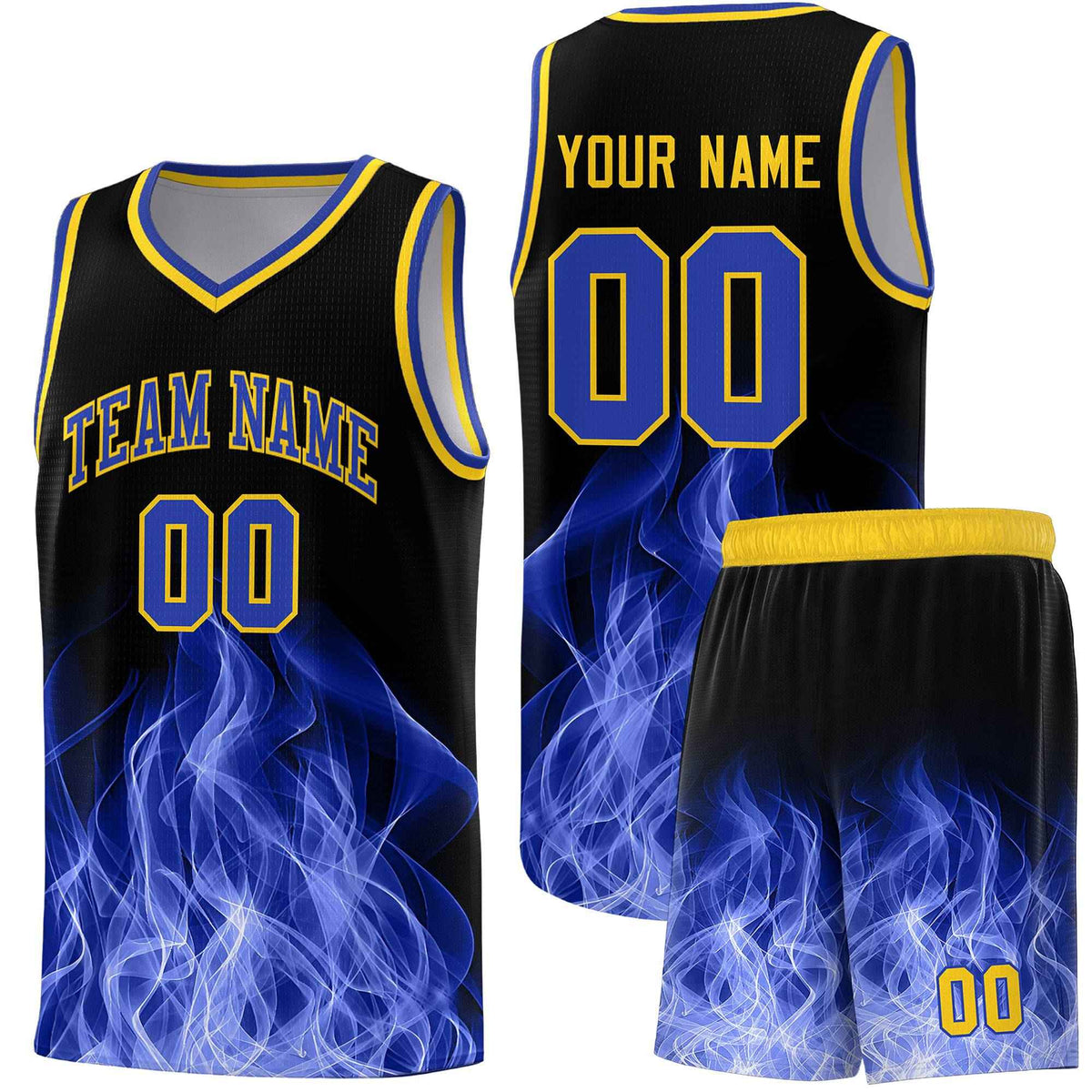 Custom Youth Basketball Jersey Black Gold Flame Fire Design Personalized Team Uniform Set