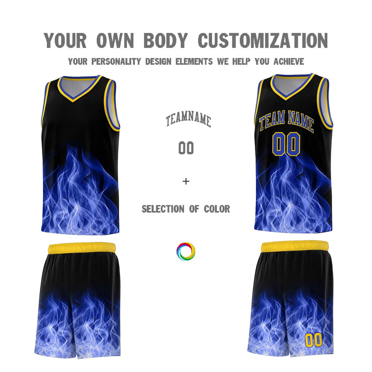 Custom Youth Basketball Jersey Black Gold Flame Fire Design Personalized Team Uniform Set