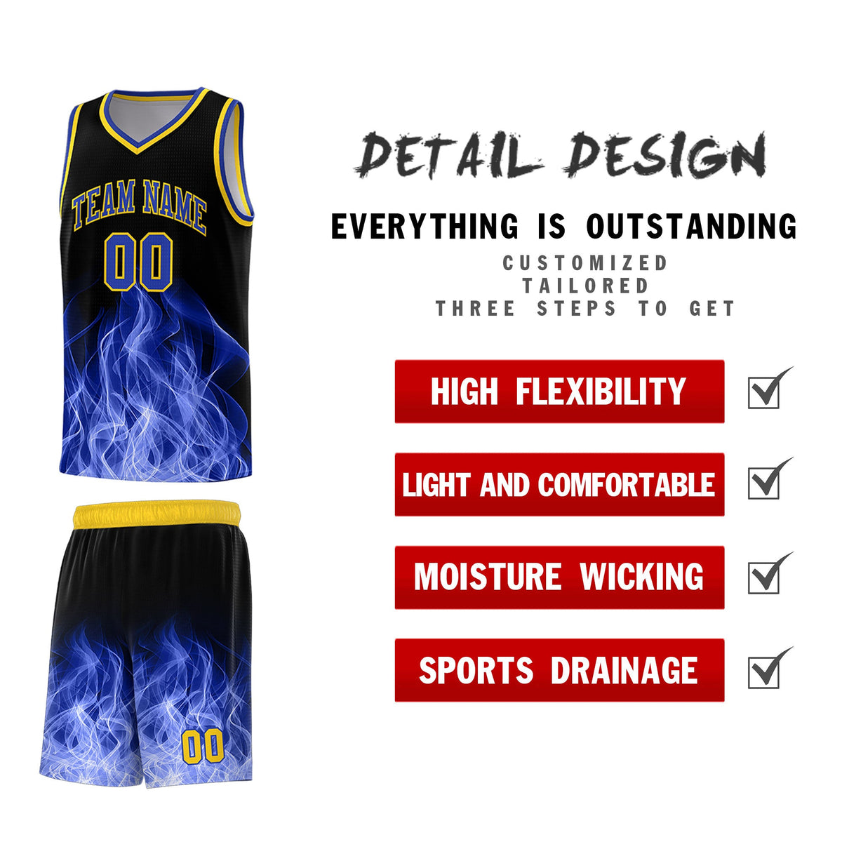 Custom Youth Basketball Jersey Black Gold Flame Fire Design Personalized Team Uniform Set