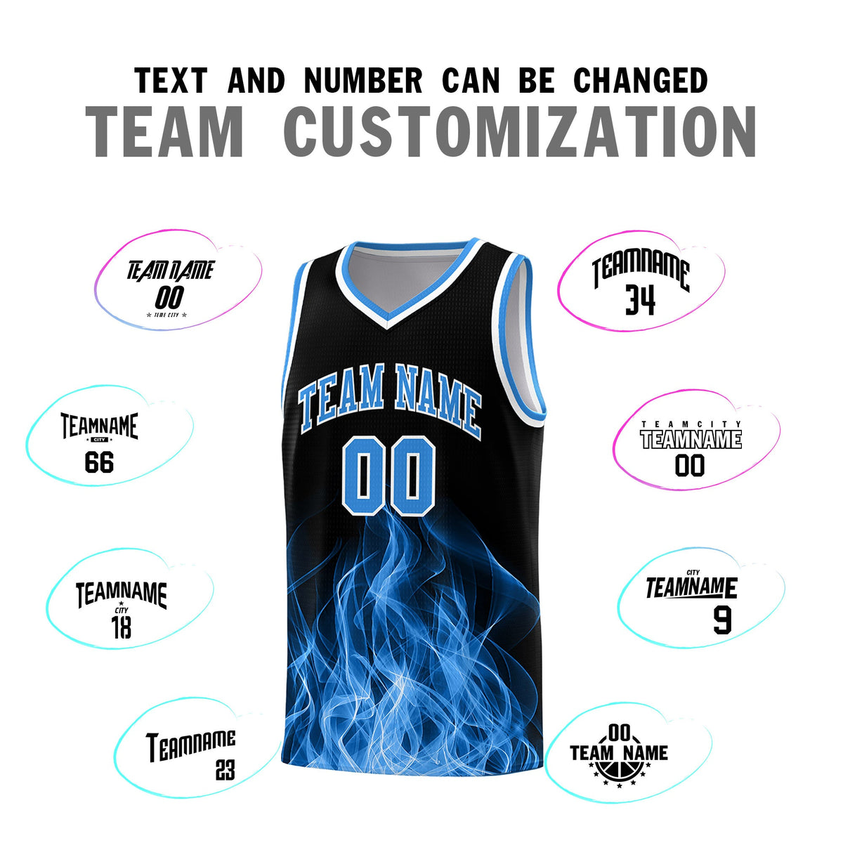 Custom Youth Basketball Jersey Black Light Blue Flame Design Unique Team Uniform Set