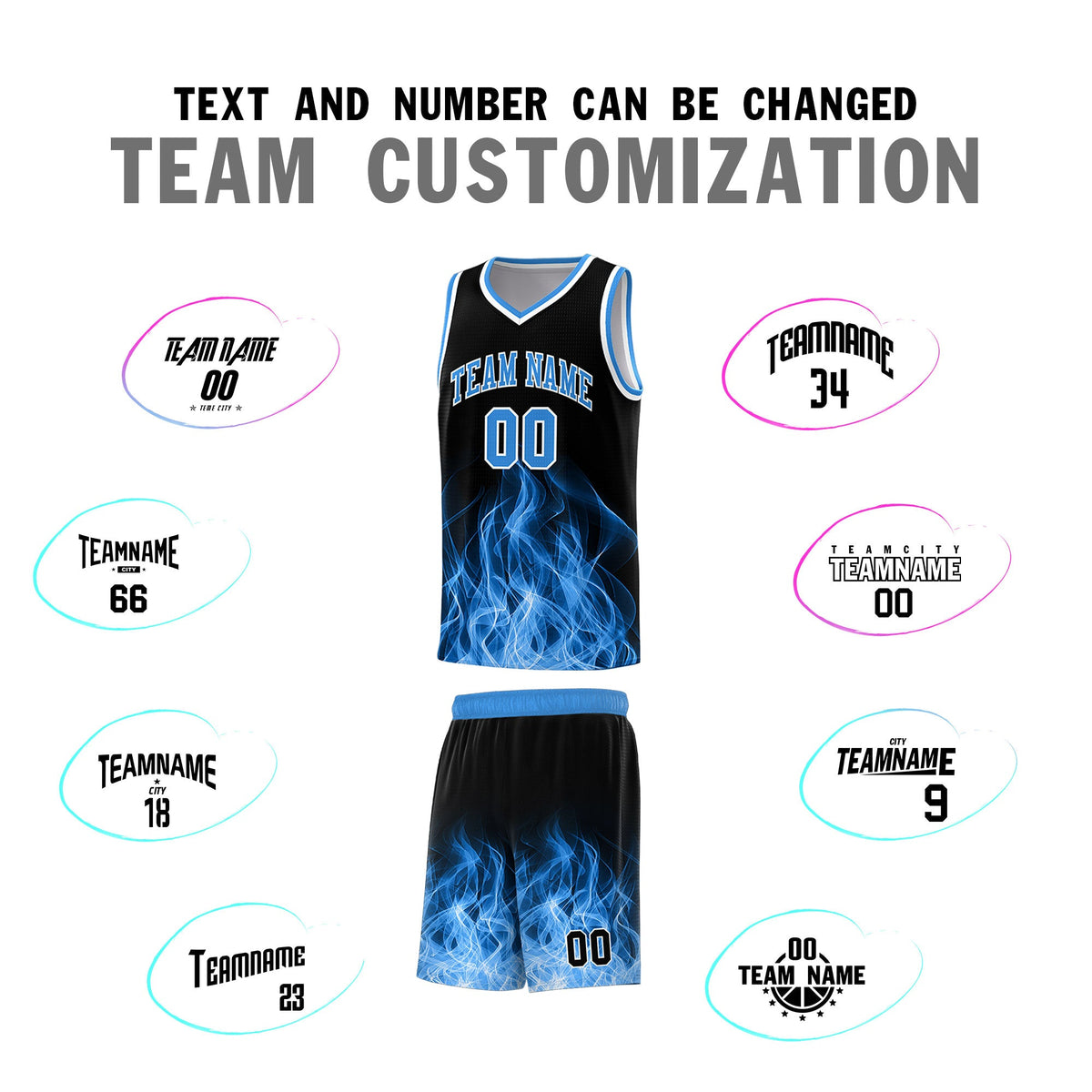 Custom Youth Basketball Jersey Black Light Blue Flame Design Unique Team Uniform Set