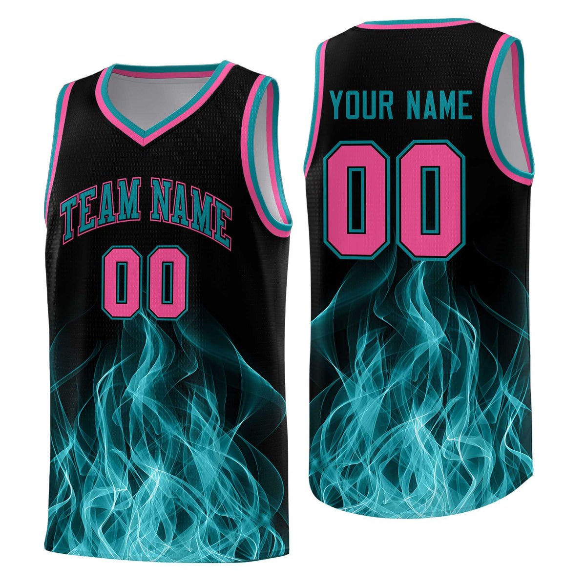 Custom Youth Basketball Jersey Black Teal Flame Fire Design Personalized Team Uniform Set