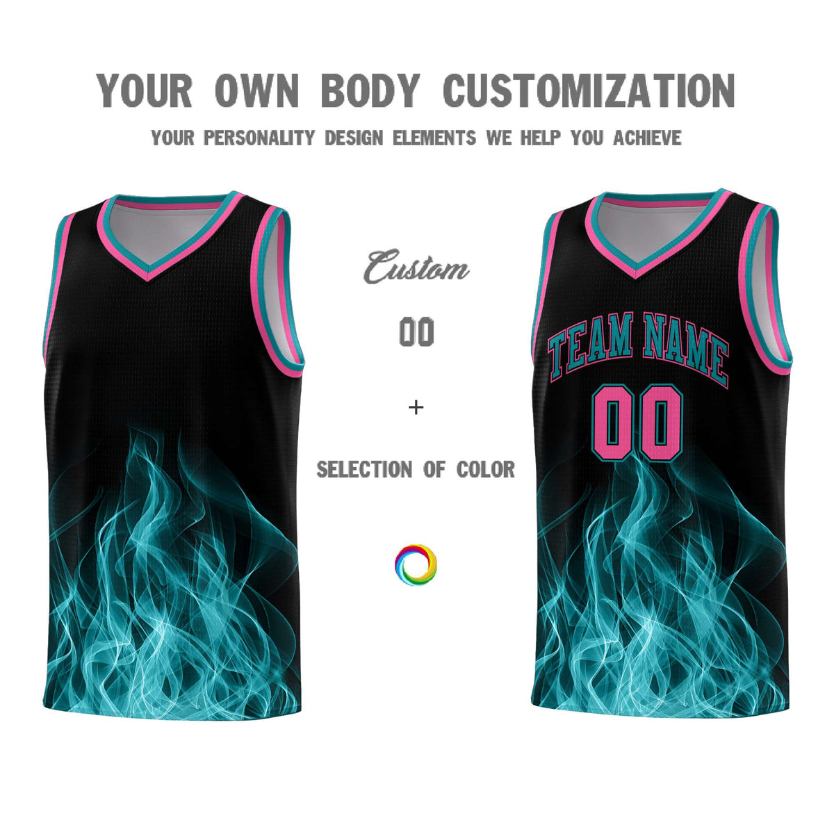 Custom Youth Basketball Jersey Black Teal Flame Fire Design Personalized Team Uniform Set