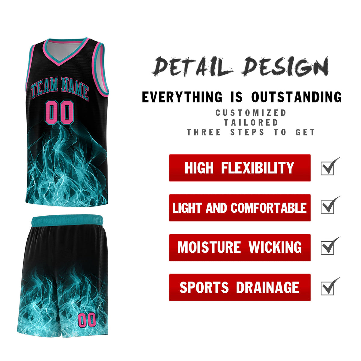 Custom Youth Basketball Jersey Black Teal Flame Fire Design Personalized Team Uniform Set