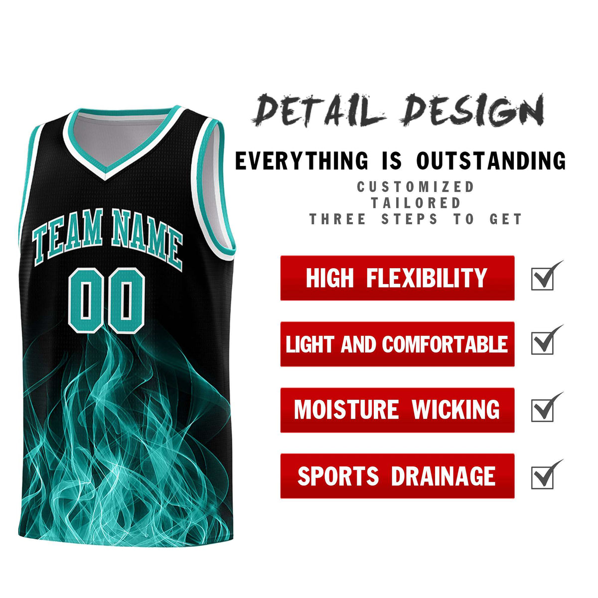 Custom Youth Basketball Jersey Black Aqua Flame Design Unique Team Uniform Set