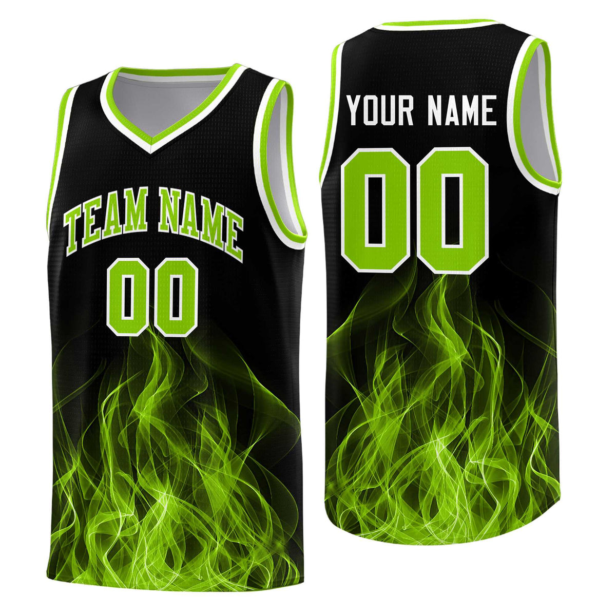 Custom Youth Basketball Jersey Black Neon Green Flame Design Personalized Team Uniform Set