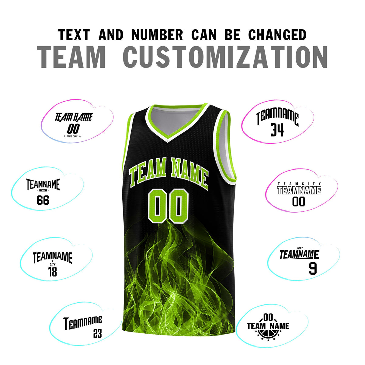 Custom Youth Basketball Jersey Black Neon Green Flame Design Personalized Team Uniform Set