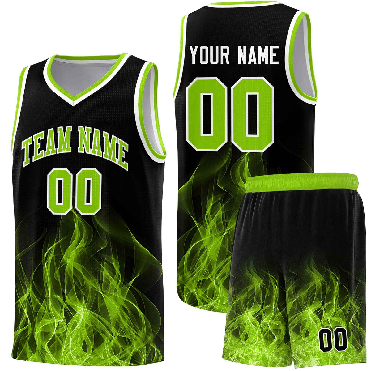 Custom Youth Basketball Jersey Black Neon Green Flame Design Personalized Team Uniform Set